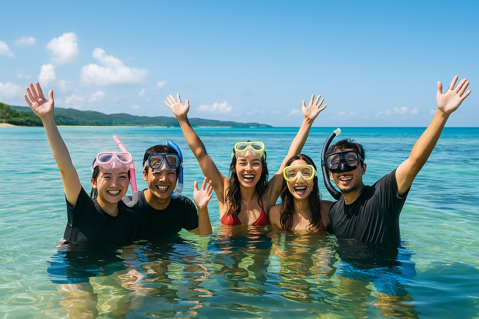 シュノーケルで海を楽しむ若者たち
